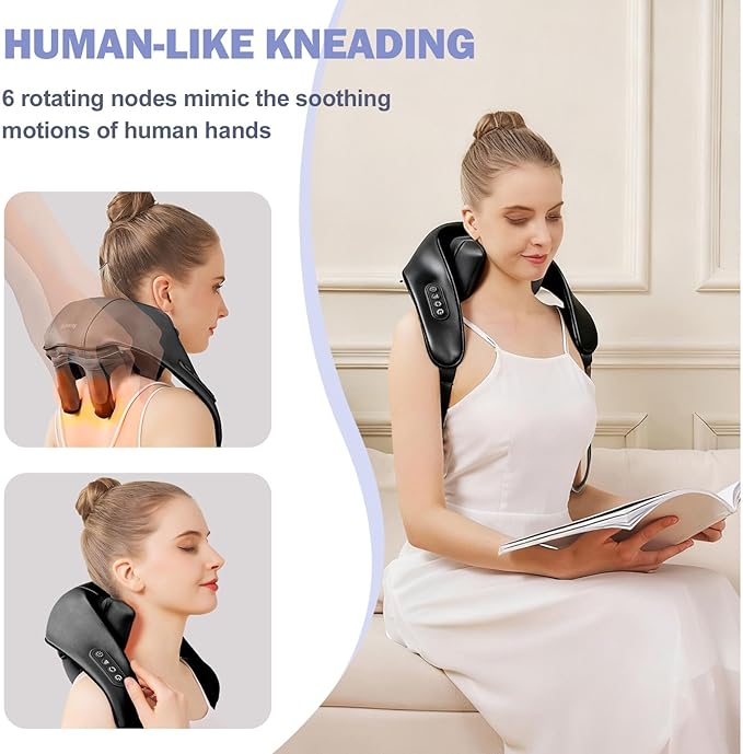 DS SAVORING Cordless Neck and Shoulder Massager with Heat, Electric Deep Tissue Kneading for Back Pain, Hands-Free Shiatsu Massage Pillow, Portable for Home, Office, Travel