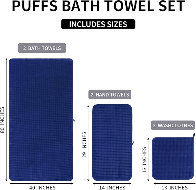 KBY Bath Towels Set 6 Piece 40x80 Inches，2 Extra Large Bath Sheets 2 Hand Towels 2 Washcloths，Highly Absorbent Quick Dry Microfiber,Ultra Soft Towel Set for Bathroom，Spa，Gym， Hotel(Navy Blue)