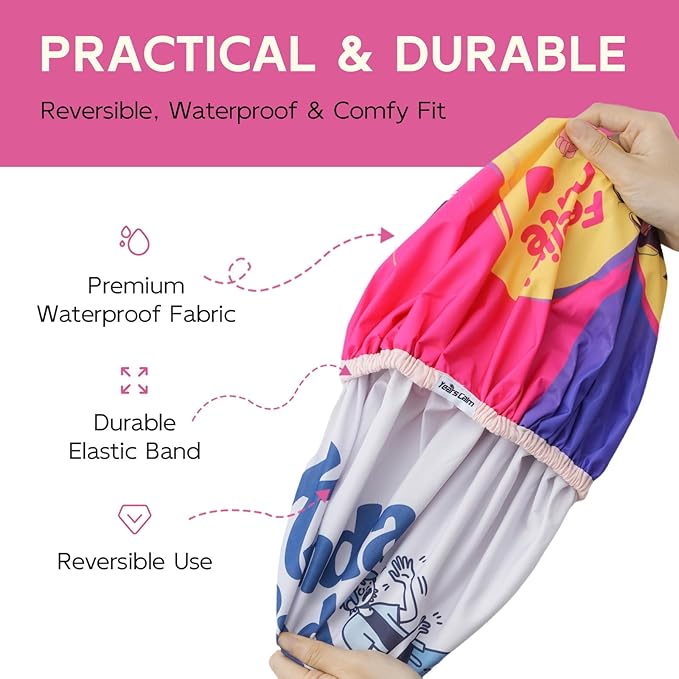 Years Calm Waterproof Shower Cap for Women - Double Sided Design for Long Thick Hair, Secure Fit & Flexible Elastic Band, Reusable Bath Cap for Shower, Spa, Travel (Mood Switch 5)