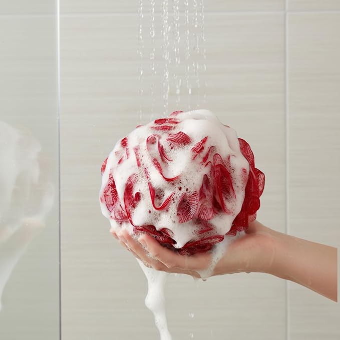 Large Bath Sponge Pack of 3 – Soft 70G Mesh Loofahs with Suction Cup (Dark Red): Gentle Exfoliation for All Skin Types, Rich Lather Poufs for Daily Shower Use