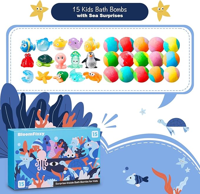Sea Surprise Bath Bombs for Kids, 15 Pack Organic Fizzy Bath Bombs Gift Set with Hidden Ocean Toys, Gentle & Scented, Kid-Safe & Fun Bath Time, Ideal Christmas Gift & Stocking Stuffer for Kids