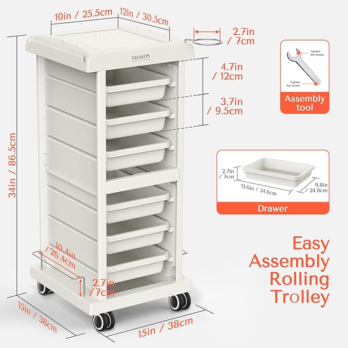 TASALON Salon Trolley Cart for Salon Station - Space Saving Salon Rolling Cart for Extra Storage - Hair Salon Beauty Cart - 6-Tray Salon Cart - Multipurpose Tool Cart - Tattoo Tray-White