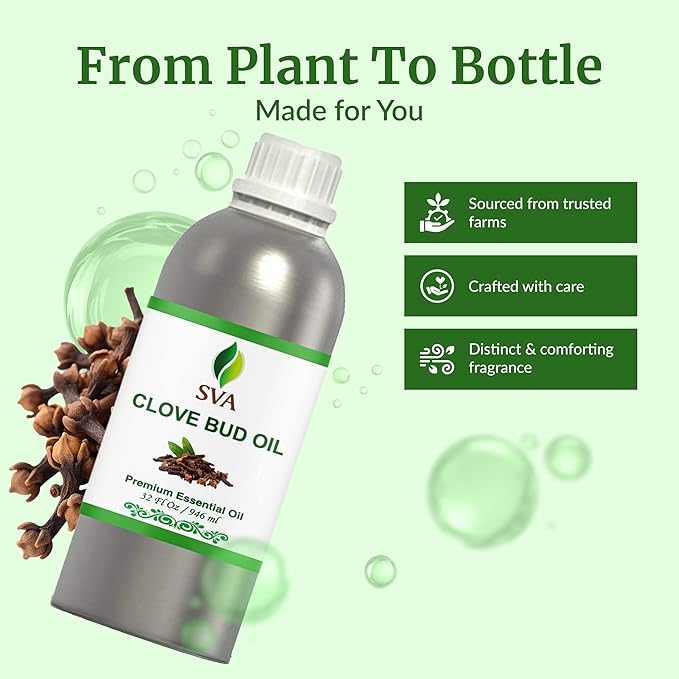 SVA Clove Bud Essential Oil – 32 Fl Oz – 100% Natural Clove Bud Oil - for Diffuser, Hair Care, Face, Skin Care, Aromatherapy, Scalp and Body Massage, Soap and Candle Making