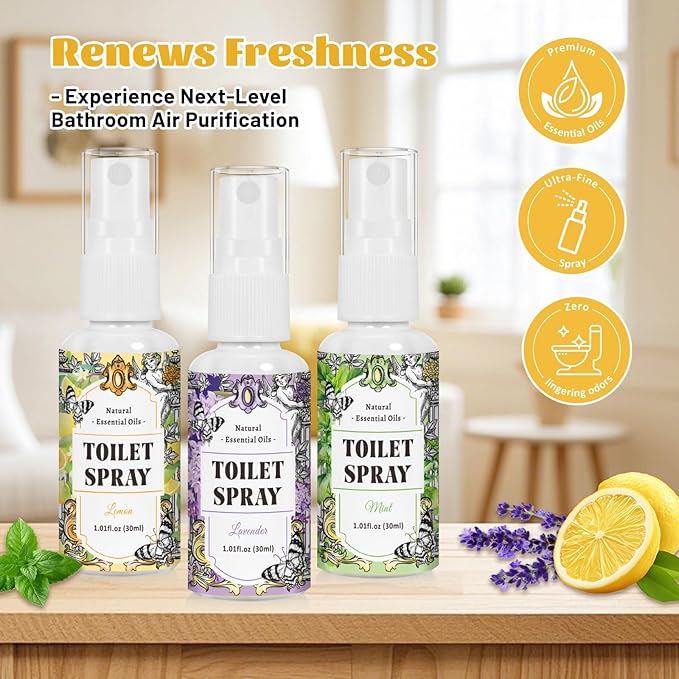 STRN Toilet Spray, 3-Pack Lemon, Mint & Lavender Natural Scent, Portable Instant Odor Deodorizer for Home, Bedroom, Travel Size