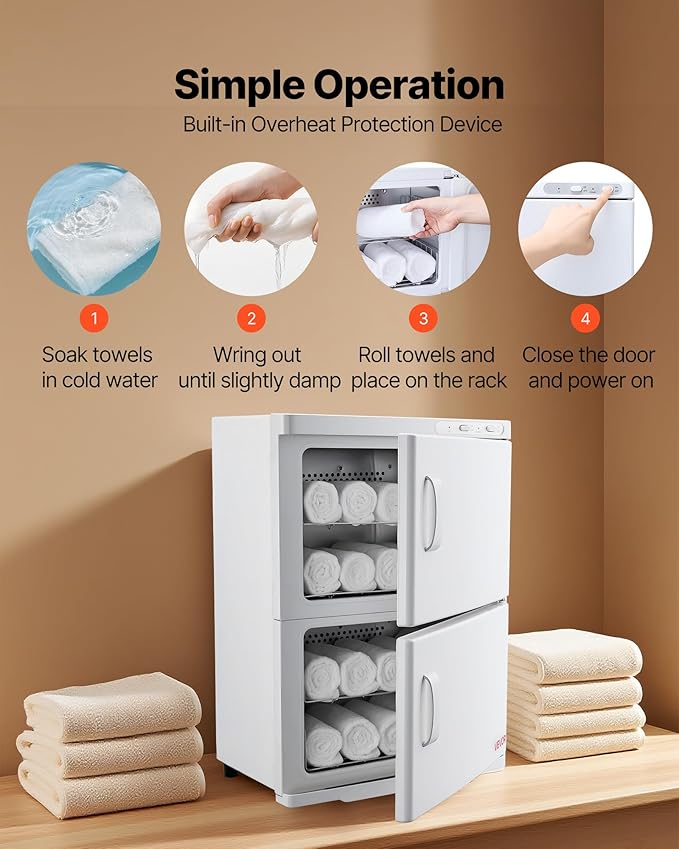 VEVOR Hot Towel Warmer, 46L Large Capacity 2-Tier Towel Warmer Cabinet with Clip & 4 Stainless Steel Racks, Holds up 48 Towels, All-Round Heating Cabinet for Spa, Barber, Manicures, Massage, Salon