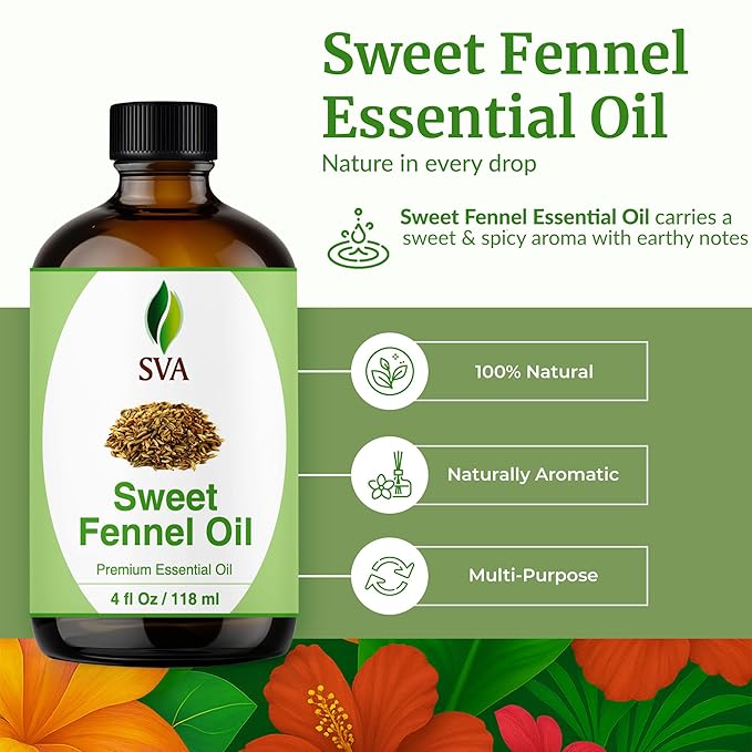 SVA Sweet Fennel Essential Oil – 4 Fl Oz – 100% Natural Fennel Oil - for Diffuser, Hair Care, Face, Skin Care, Aromatherapy, Scalp and Body Massage, Soap and Candle Making – with Dropper