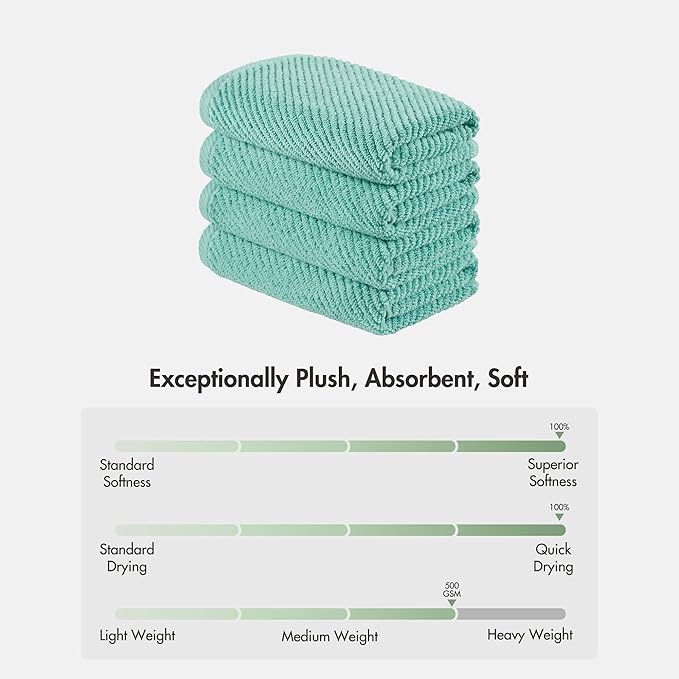 Madison Park 4-Piece Hand Towel Set for Bathroom 18" x 28" Diagonal Ribbed, Turquoise - 100% Cotton Soft Quick Dry & Absorbent Gift | Zero Twist, 500 GSM, Oeko-TEX, Hotel Quality