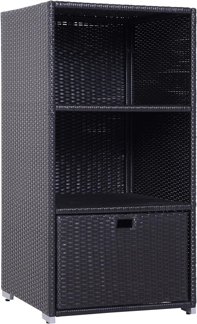 Outsunny Valet Pool Towel Rack, Waterproof PE Plastic Rattan Wicker Storage Organizer, Indoor Outdoor Spa, and Hot Tub Accessory Storage, 2 Shelves, 1 Basket Drawer, Espresso
