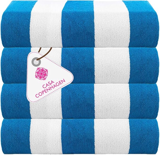 CASA COPENHAGEN Cabana Towel 4Pcs Cyan Designer Stripe Beach Towels Gift Set, 30"x60" Oversized 100% Cotton Pool Bath Towel for Beach Gift Set (Perfect Summer Gift Set for Women & Men)