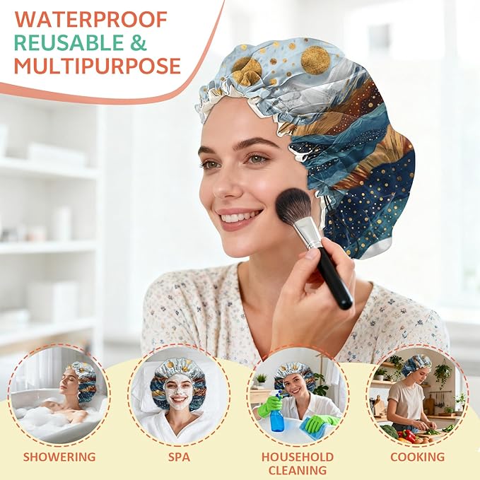 Shower Cap Reusable Double Layer Adjustable Elastic Waterproof EVA Hair Bath Caps for Women Girls Cute Aesthetic-Mountain