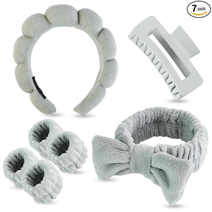 7 Pcs Spa Set, Facial Headband and Wristband Set, Skincare Accessories, College Style Girl Idea Gifts, Hair Accessories for Women and Girls（Grey）