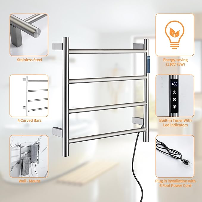 Heated Towel Racks,4 Bars Towel Warmer Rack for Bathroom, Wall Mounted Electric Towel Warmer with Timer, Plug-in/Hardwired Towel Dryer Rack Chrome