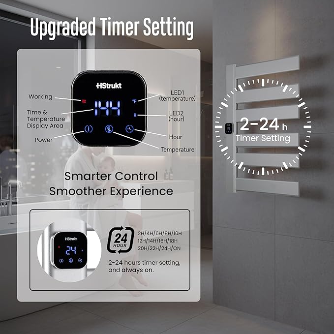 Towel Warmer, Heated Towel Rack with Built-in Timer and Temperature Control,Hard-Wired(Left-Wiring)/Plug-in Wall-Mounted Towel Rail, Aluminum, 18.8" W X 25.6" H, Silver