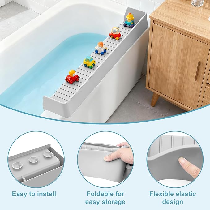 Bathtub Splash Guard for Kids,2.6 FT Silicone Bathtub Play Shelf with 11 Suction Cups, Bath Tub Ledge Shelf for Kids, Prevents Water Spills in Bathroom (Grey)