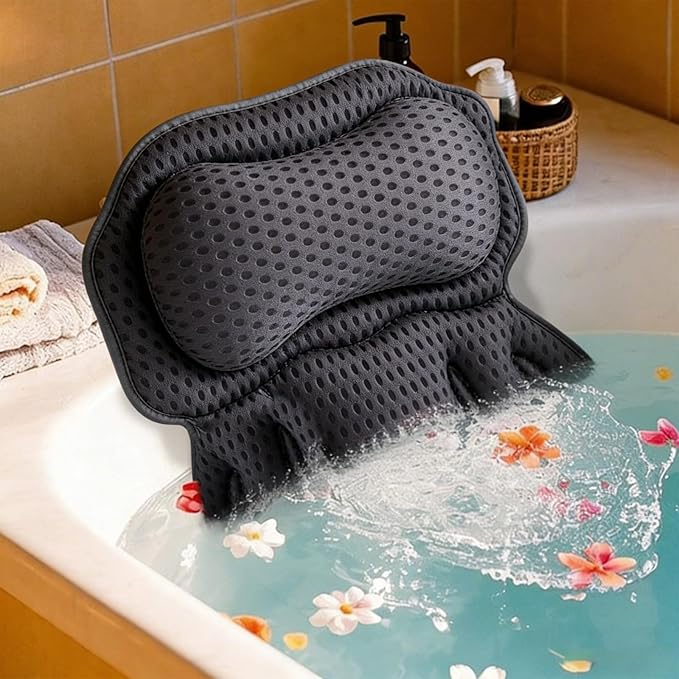 Luxury Bath Pillow for Tub - 4D Air Mesh Head/Neck/Back Support with 6 Non-Slip Suction Cups (Gray)