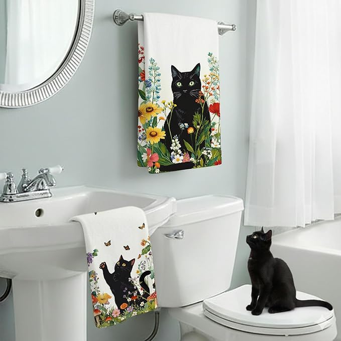 Accnicc 2 Pack Black Cat Bathroom Hand Towels Decorative Spring Floral Dish Kitchen Towel 16x27 Inch Butterfly Mushroom Botanical Wildflowers Absorbent Soft Microfiber Bath Towels Hotel Spa Decor