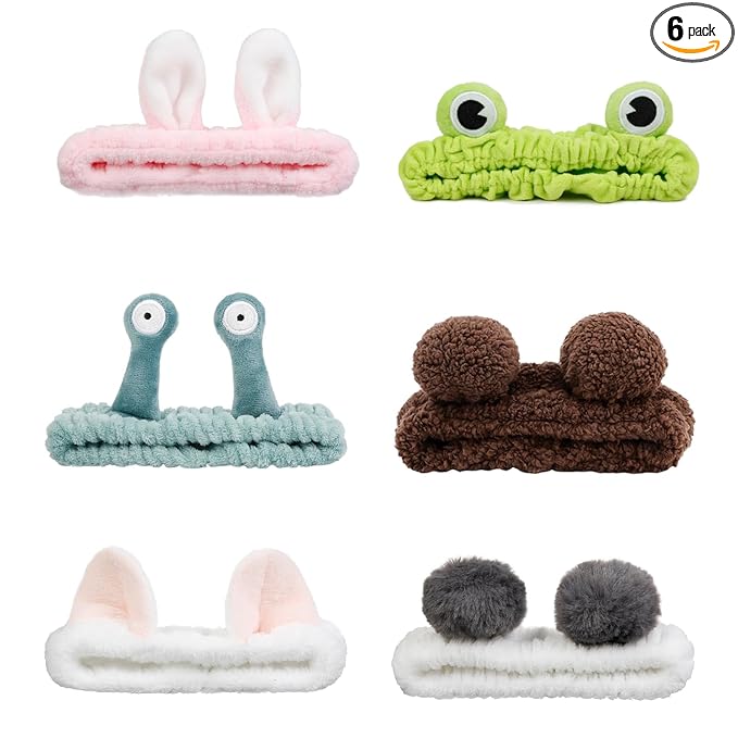 AIBFRID 6PCS Animal Ear Spa Headbands Face Wash Headband Cute Make Up Hairband Fuzzy Cat Head Band Soft Skincare Hair Accessories for Women Girls