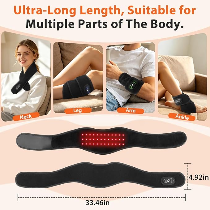 Neck Heating Pad with Massage, Heating Neck Wrap with 660nm 850nm Red Light, with 3000mAh Rechargeable, 3 Levels Heat & 3 Vibration Modes, Electric Nape Heating Pad for Soreness Stiffness