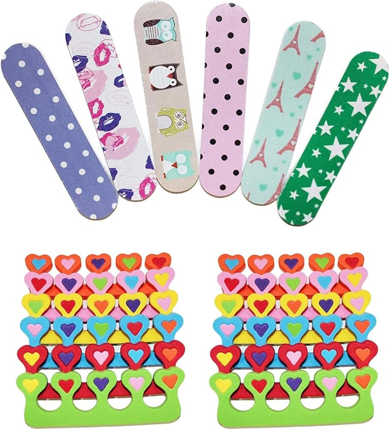 6 Pieces Colorful Girly Mini Emery Nail Files + 6 Pairs Heart Design Toe Separators Manicure/Pedicure Kit Kid Spa Party (Pack of 1)