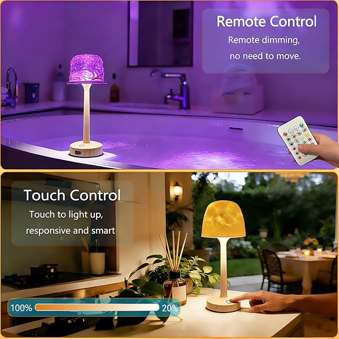 Waterproof Bathroom Lamp with 16 Color Ocean Wave Projector, Rechargeable Shower Light with Touch & Remote Control, Cordless Light for Inside Shower/Bathtub (Natural Wood Color)