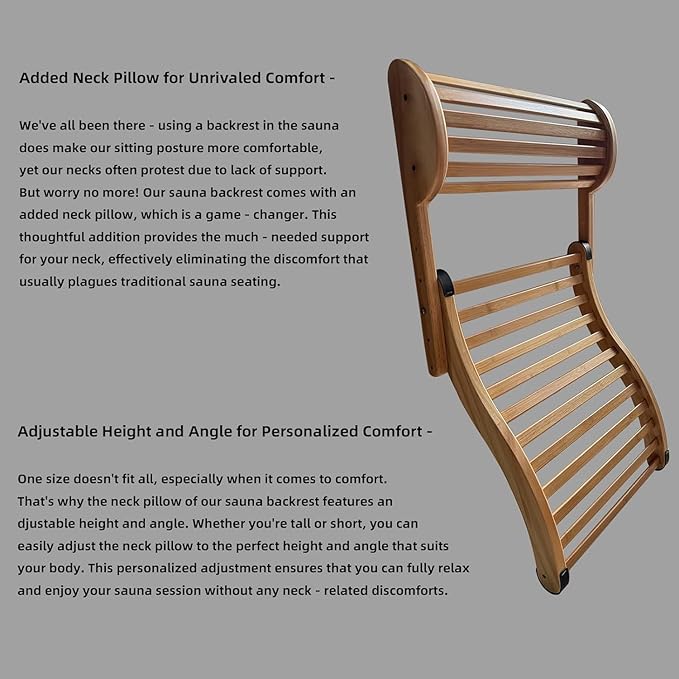 Adjustable-Height Sauna Backrest with Neck Pillow – Natural Bamboo Build & Anti-Slip Rubber Pads, Single-Pack Sauna Accessory with Sauna Hat and Sauna Seat Pad
