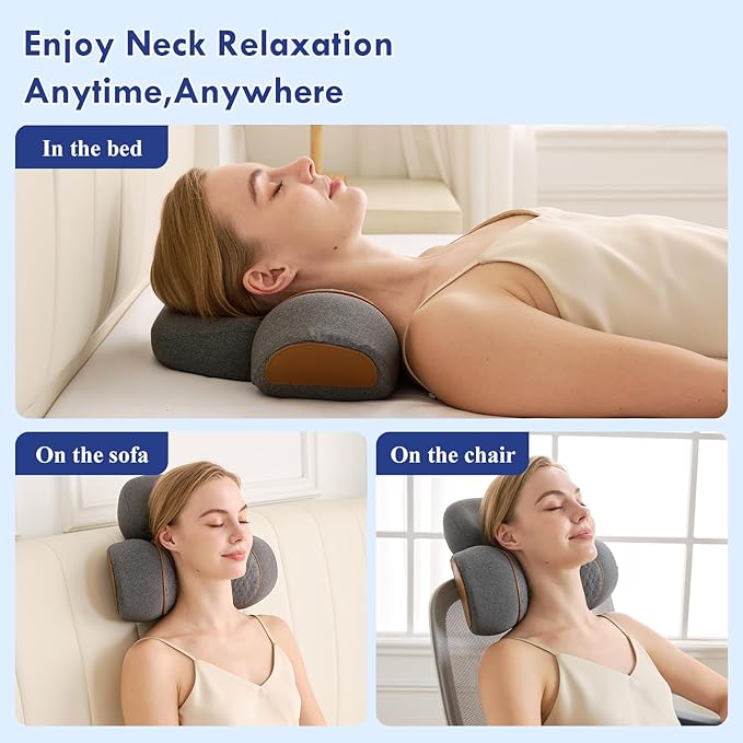 3-in-1 Neck Massager Pillow with Heat - Deep Tissue Vibration Massage & Cervical Traction for Neck Pain Relief, Portable Rechargeable Neck Hump Corrector (Rechargeable)