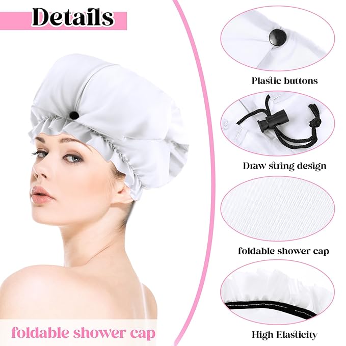 2 Pcs Large Shower Cap for Braids, Extra Long Shower Cap for Women Long Hair & Locs, Waterproof Hair Bonnets for Dreadlocks Drawstring Bath Caps for Women & Men (Pink, White)