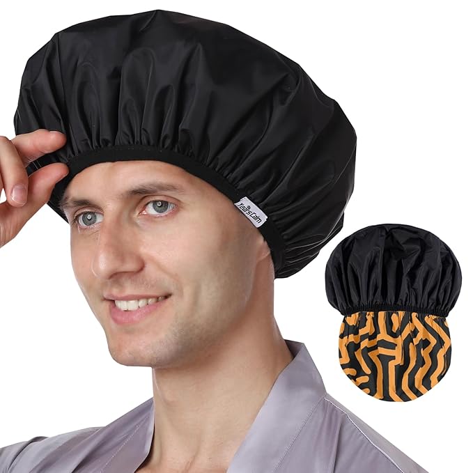 Years calm Men Shower Cap Reusable Waterproof, Dual-Layer Design, Double-Sided Use, Protects Hair in Shower, Spa, Travel & Cooking, Adjustable Elastic for Comfortable Fit (Orange Striped, One Size)