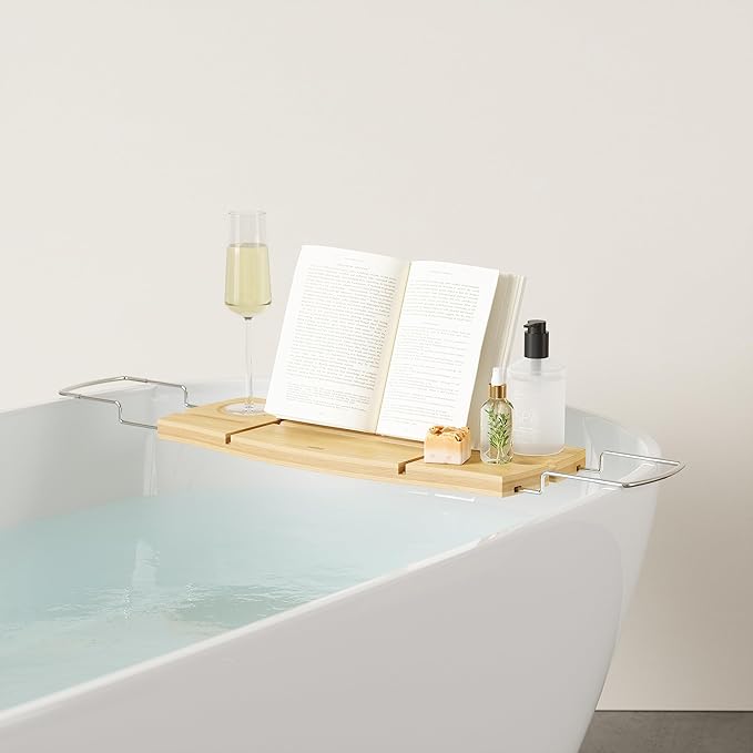 Umbra Aquala Bathtub Tray Extendable Caddy with Book Stand and Wine Glass Holder, Natural