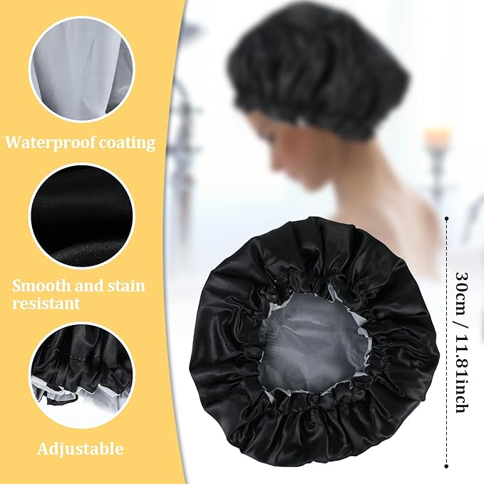 Ymapinc Reusable Shower Caps for Women Waterproof Hair Shower Cap Adjustable Hair Cover for Shower Large Black Layer Shower Bonnet for Girls Spa Home Salon Use