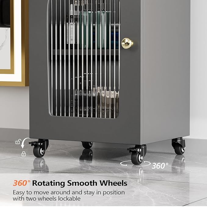OmySalon Salon Cart with Wheels, 3-Tier Rolling Beauty Cart with Glass Door & Dryer Holder, Mobile Hair Styling Station for Barber, Spa, Esthetician, Nail & Tattoo Artists, Lockable Storage, Grey