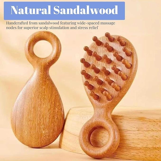 Sandalwood Head and Scalp Massager Comb, Wide Tooth Wooden Gua Sha Tool with Ergonomic Handle for Stress Relief, Headache, Neck and Shoulder Relaxation