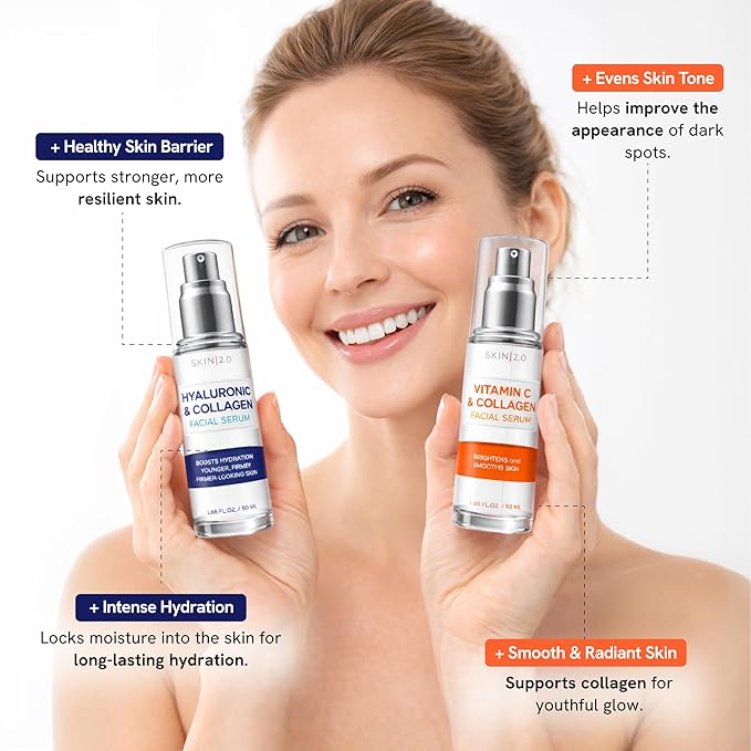 Skin 2.0 Hyaluronic & Collagen + Vitamin C Face Serum – Dermatologist Tested, Anti Aging, Korean Skin Care – Deep Hydration, Smooths Fine Lines – Vegan, Clean Beauty - Pack of 2