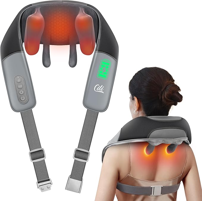 CILI Cordless Neck Massager with Heat, 4D Shiatsu Shoulder Back Deep Tissue, Neck Back Massager Pillow, Wider Massage Head & More Heating Area