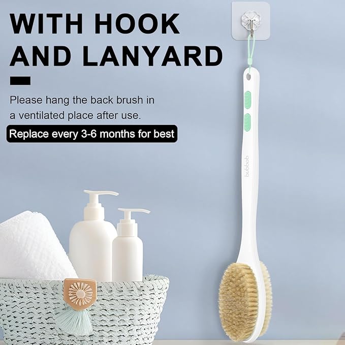 Back Scrubber for Shower with Long Handle, Exfoliating Bath Brush for Body - Double Sided Bristles (Stiff & Soft), Anti-Slip Grip, Lightweight - Gift for Seniors, Includes Lanyard & Hook,Green
