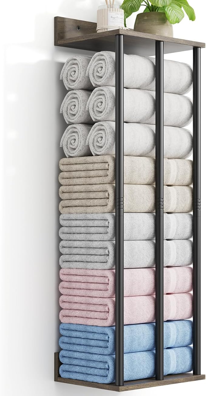 Towel Racks for Bathroom Wall Mounted with Wooden Storage Shelf, Updated 3 Bar Metal Towel Holder for Rolled Towels, Sturdy and Large Capacity, Towel Storage Organizer
