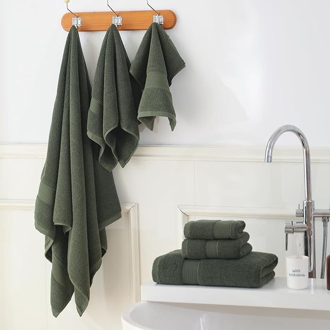 27x55 Bath Towels Set 100 Percent Cotton 650GSM Luxury Super Soft Absorbent Bathroom Towels (Olive Green,Pack of 2)