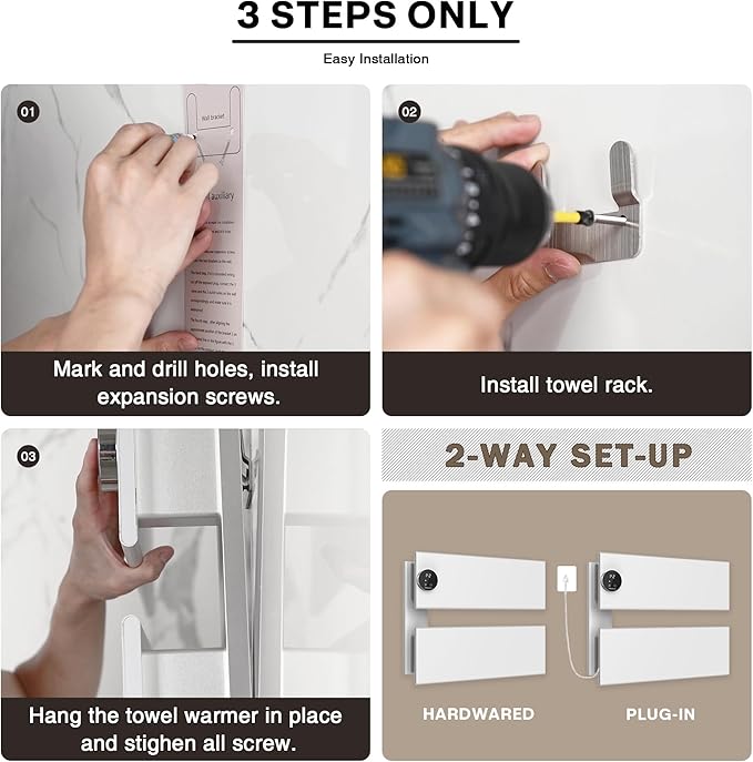 K&KALONZO Electric Towel Warmer, 18.35" W x 14.6" H Wall-Mounted Towel Heater with Built-in Timer, Waterproof Aluminum Towel Warmer for Bathroom, Support Plug-in and Hardwired, White, K2-L-W