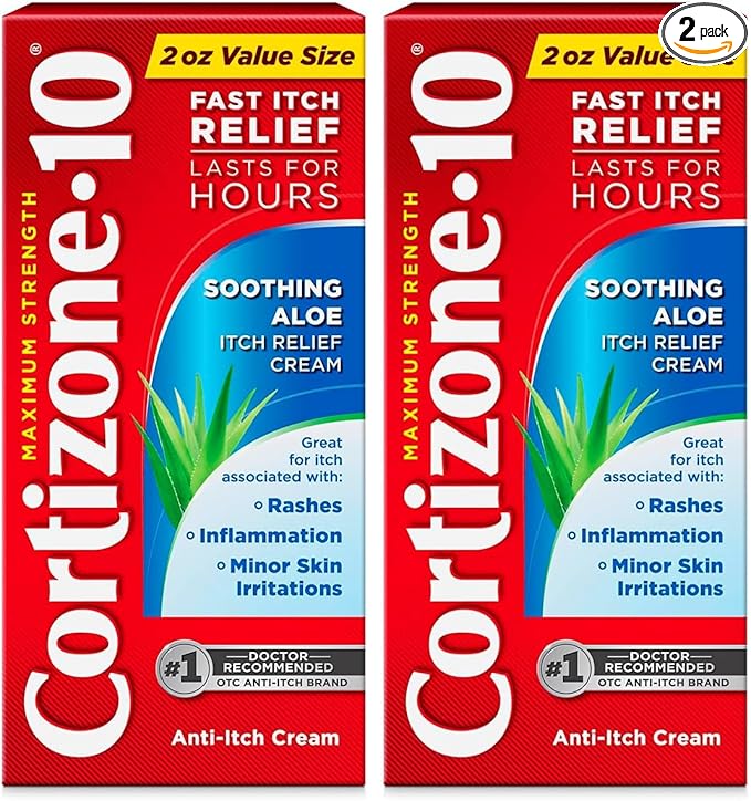Cortizone-10 Maximum Strength Soothing Aloe Itch Relief Cream, 1% Hydrocortisone, Fast-Acting, Anti-Itch Cream for Bug Bites, Rash, Eczema, Psoriasis, Poison Ivy, Oak, Sumac & More, 2 oz (Pack of 2)