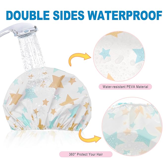 6 PCS Shower Caps for Women, Double Side Waterproof Shower Cap, Reusable Elastic Bath Caps for Shower, EVA Bathing Shower Caps, Bath Hair Caps - Star