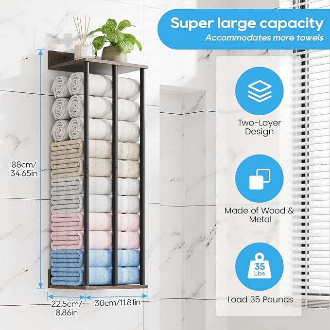 Towel Racks for Bathroom Wall Mounted with Wooden Storage Shelf, Updated 3 Bar Metal Towel Holder for Rolled Towels, Sturdy and Large Capacity, Towel Storage Organizer