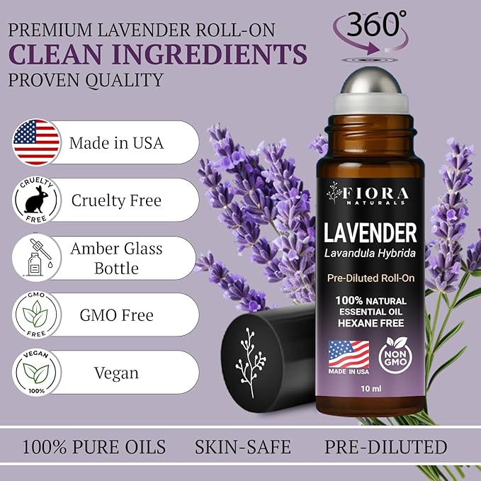 Lavender Essential Oil Roll On – Pre-diluted Calming Lavender Oil for Relaxation, Sleep & Skin Care, Aromatherapy Roller, Lavender Roller Ball, Calming Gifts for Women, Men By Fiora Naturals