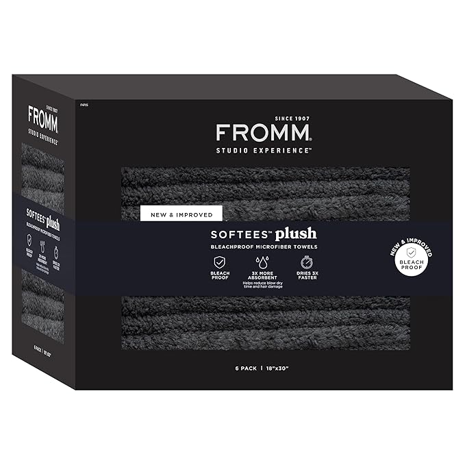 Fromm Softees Plush Bleachproof Microfiber Hair Towel for Salon, Barber, Spa, Ultra Soft Hair Wrap, Drying Towel for All Hair Types, Hands, Face, Durable Salon Towels, 18 x 30 Inches, Dark Grey 6 Pack