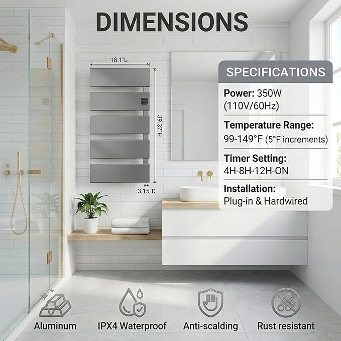 Electric Towel Warmer, Heated Towel Rack with Thermo Control and Timer, Fast Heating Towel Rail for Bathroom with Memroy Function, Work with Smart Plug, Right-Wiring, 5 Panel, Gun Gray