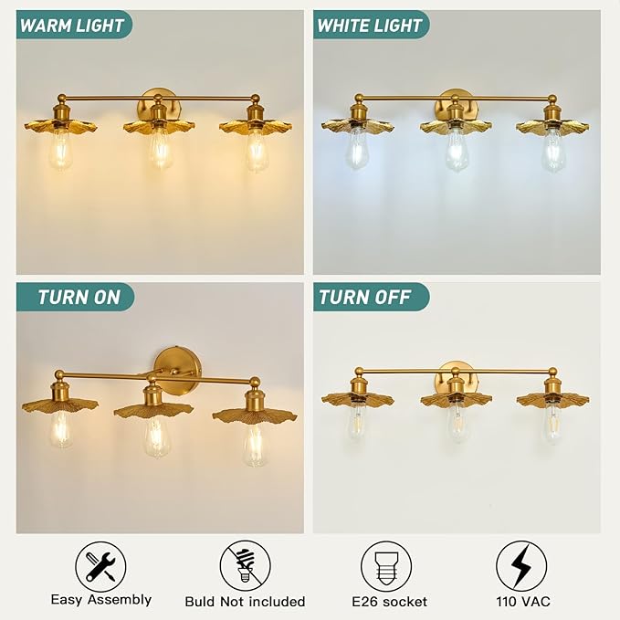 ZGLAOJT 3 Light Vintage Vanity Light Gold Bathroom Light Fixtures Over Mirror.
