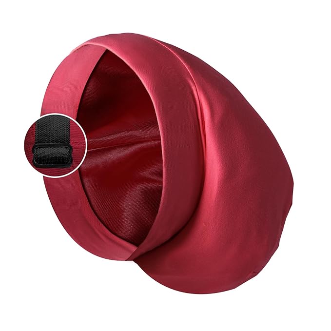 Satin Bonnet Silk Lined Sleep Cap- Adjustable Hair Cover for Women Men Frizzy Hair Night Cap Patients Care Wine Red