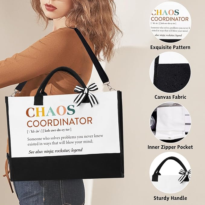 iAOVUEBY Thank You Gifts for Women, Chaos Coordinator Gift for Employee Coworkers Teacher Nurse Boss Lady Appreciation Gifts, Unique Mom Grandma Birthday Gift Ideas - 16OZ Glass Cup Canvas Tote Bag