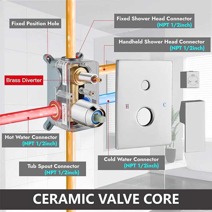 Midanya Shower System with Tub Spout,Bathtub Shower Faucet Set with Square Rainfall Head and Handheld Sprayer Wall Mount Tub Faucet Set with Valve and Trim Kit,10 Inch Polish Chrome
