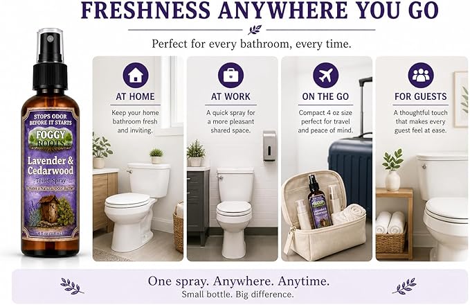 Lavender & Cedarwood Toilet Spray — Stops Odor Before It Starts, Pre-Poop Bathroom Spray, Natural Odor Barrier, 4 oz (200+ Uses), Travel Size