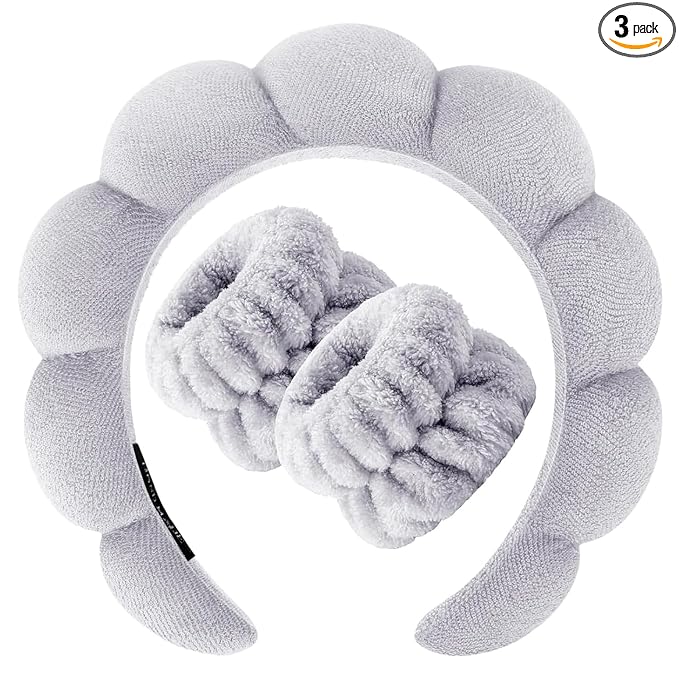 Zkptops Spa Headband for Washing Face Wristband Set Sponge Makeup Skincare Headband Terry Cloth Bubble Soft Get Ready Hairbands for Women Girl Puffy Padded Headwear Non Slip Thick Hair Accessory(Grey)